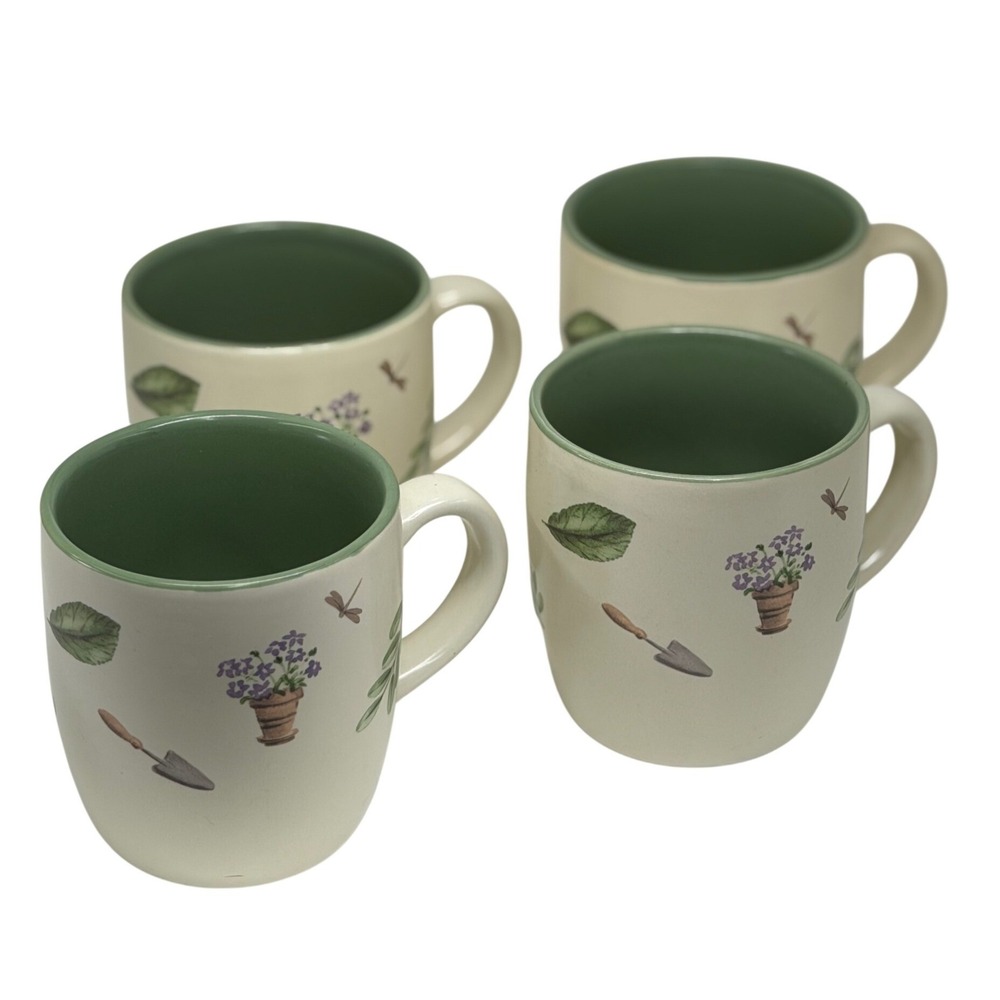 Pfaltzgraff Flower Garden Perennials‎ Ceramic Mugs Green Cream Floral Set of 4